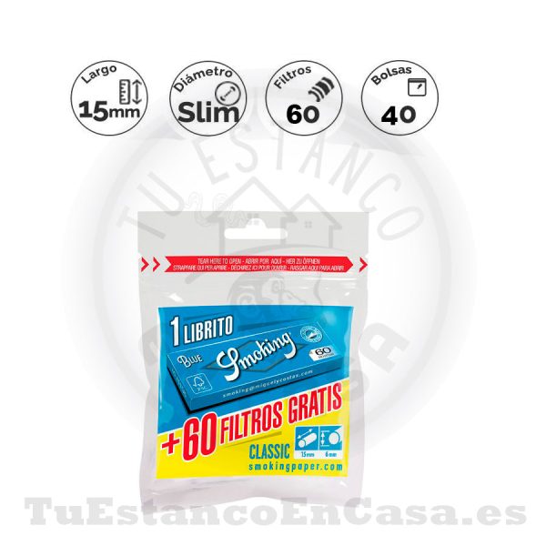 Filtros Smoking Slim 6 mm + Papel de fumar Smoking Azul 70 mm 60 und.