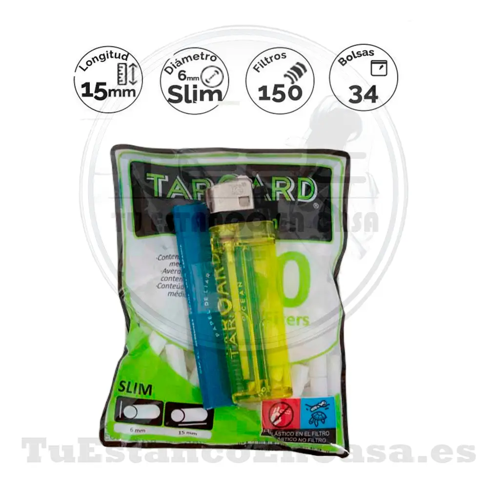 kit-filtros-targard-slim-6-mm-150-und-papel-targard-ocean-70-mm-encendedor.webp Filtros Targard Slim 6 mm 150 und. + Papel Targard Ocean 70 mm + Encendedor - Imagen 1